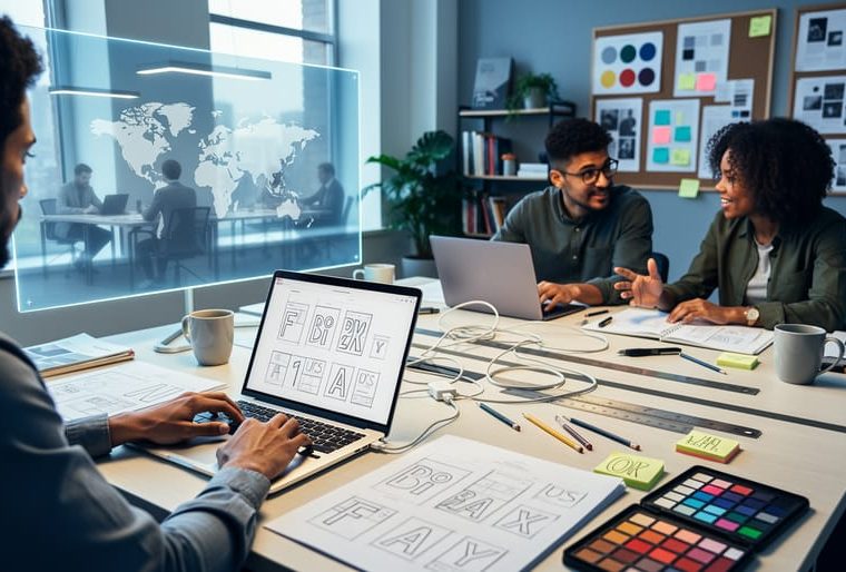A modern design studio with professionals collaborating on laptops and sketches, with a subtle cross-border reflection suggesting international creative teamwork.