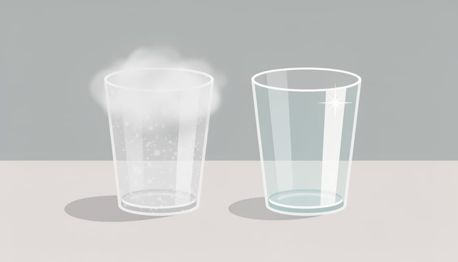 Cloudy glassware inside an open dishwasher showing possible residue buildup