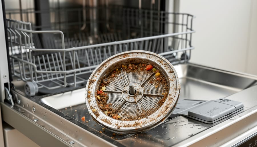 Dishwasher filter removed from the unit showing accumulated food debris