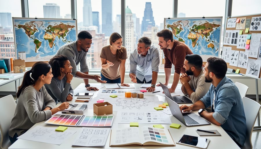 A diverse group of designers collaborate with sketchbook and material samples on a studio table.