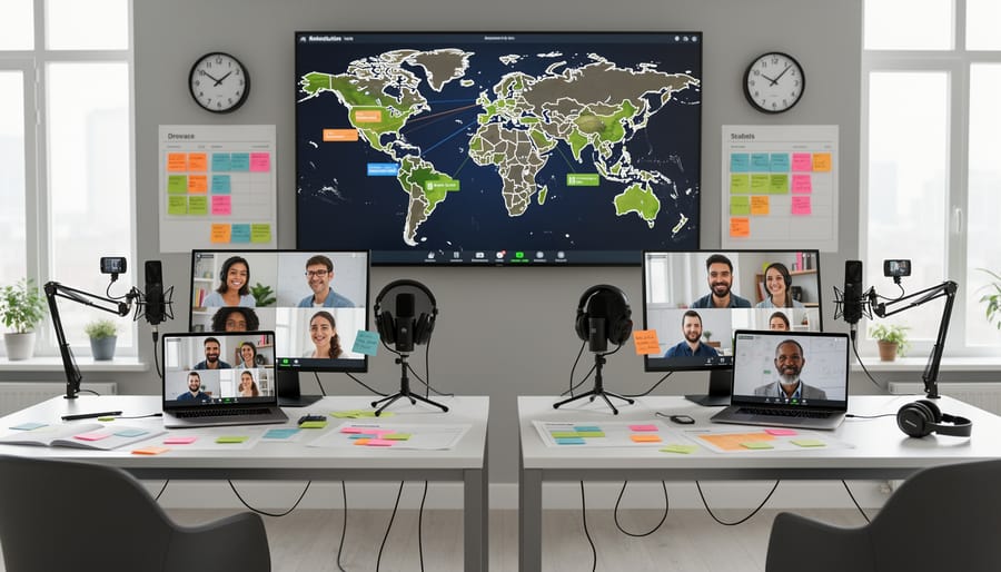 A creative studio workspace with concept sheets, color palettes, and laptop screens showing abstract content.