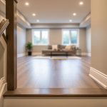 Eye-level view from the top of basement stairs showing consistent flooring, warm lighting, and natural daylight into an inviting finished living area.