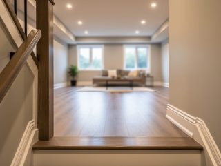 Eye-level view from the top of basement stairs showing consistent flooring, warm lighting, and natural daylight into an inviting finished living area.