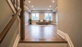 Eye-level view from the top of basement stairs showing consistent flooring, warm lighting, and natural daylight into an inviting finished living area.