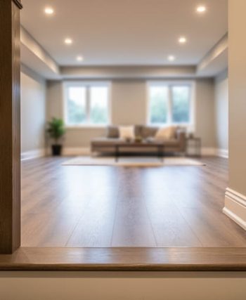 Eye-level view from the top of basement stairs showing consistent flooring, warm lighting, and natural daylight into an inviting finished living area.