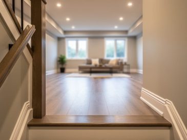 Eye-level view from the top of basement stairs showing consistent flooring, warm lighting, and natural daylight into an inviting finished living area.