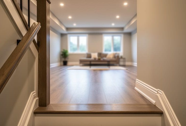 Eye-level view from the top of basement stairs showing consistent flooring, warm lighting, and natural daylight into an inviting finished living area.