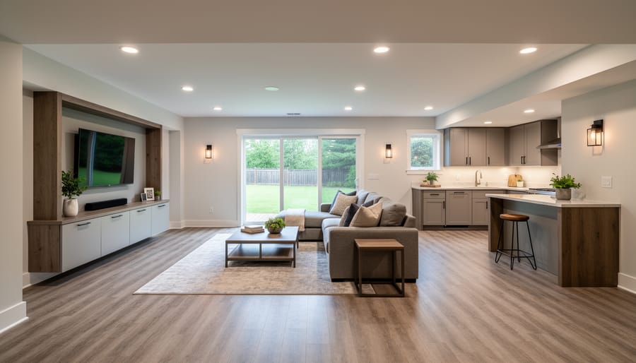 Finished basement recreation room with consistent flooring and inviting lighting leading toward the stairs.