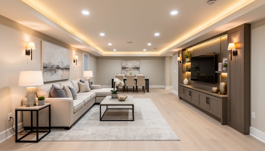 Basement living area with recessed LED lighting, pendant fixture, and soft ambient glow creating a cozy atmosphere.