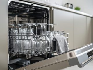 Open modern stainless-steel dishwasher with sparkling glasses and a microfiber cloth beside the door seal area in a contemporary kitchen.