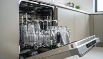 Open modern stainless-steel dishwasher with sparkling glasses and a microfiber cloth beside the door seal area in a contemporary kitchen.
