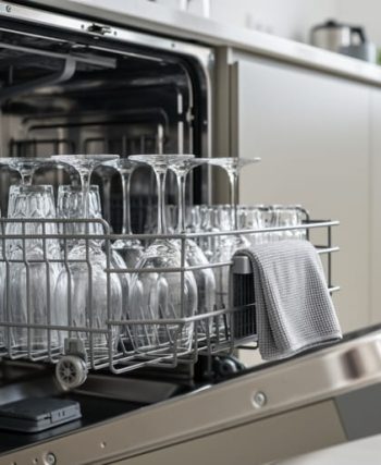Open modern stainless-steel dishwasher with sparkling glasses and a microfiber cloth beside the door seal area in a contemporary kitchen.