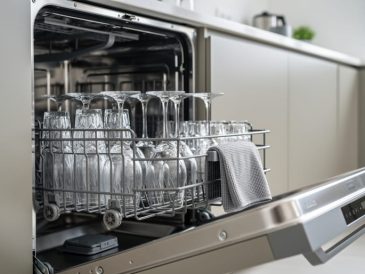 Open modern stainless-steel dishwasher with sparkling glasses and a microfiber cloth beside the door seal area in a contemporary kitchen.