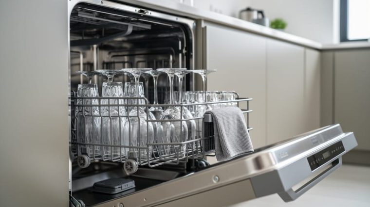 Open modern stainless-steel dishwasher with sparkling glasses and a microfiber cloth beside the door seal area in a contemporary kitchen.