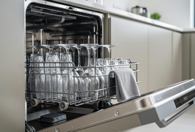 Open modern stainless-steel dishwasher with sparkling glasses and a microfiber cloth beside the door seal area in a contemporary kitchen.