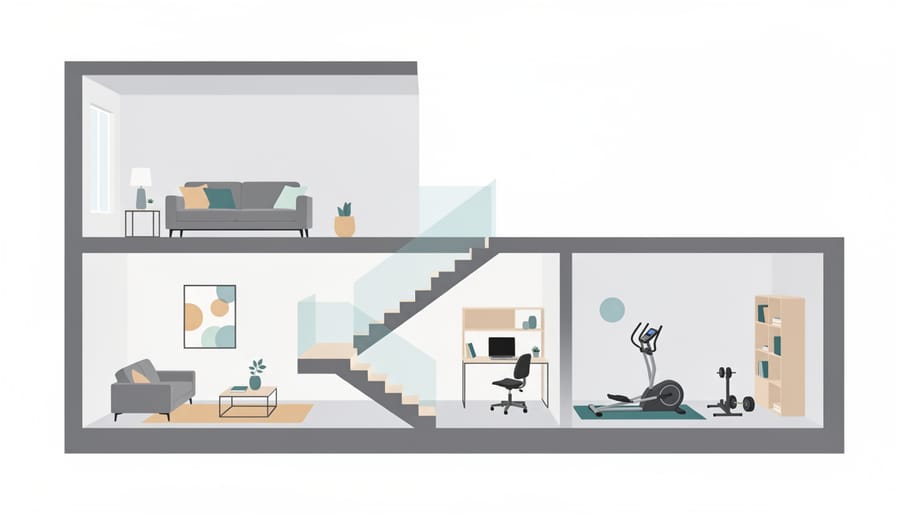 Connected basement home office and lounge area with natural light and warm lighting inviting regular use.