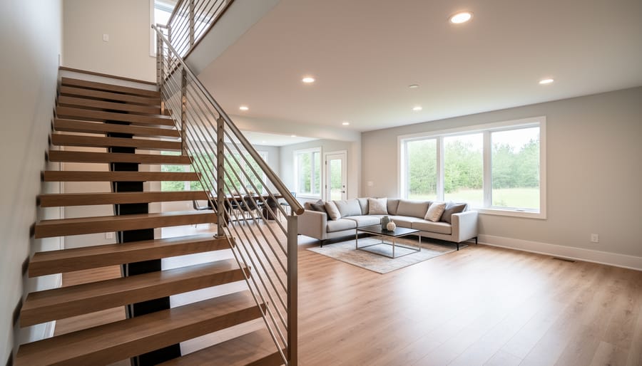 Open staircase with glass railing and warm lighting connecting the basement to the upper floor hallway.