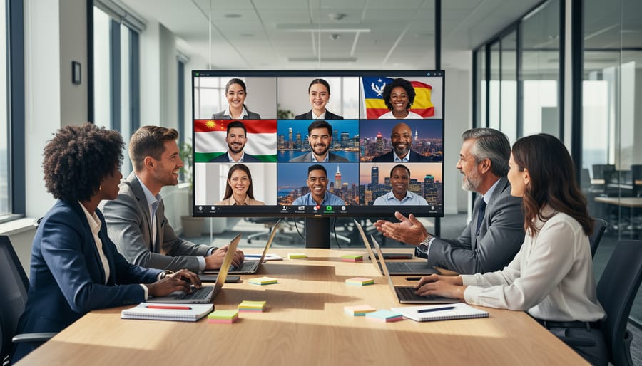 Designers join a video collaboration meeting displayed on a monitor with a team member gesturing in the foreground.