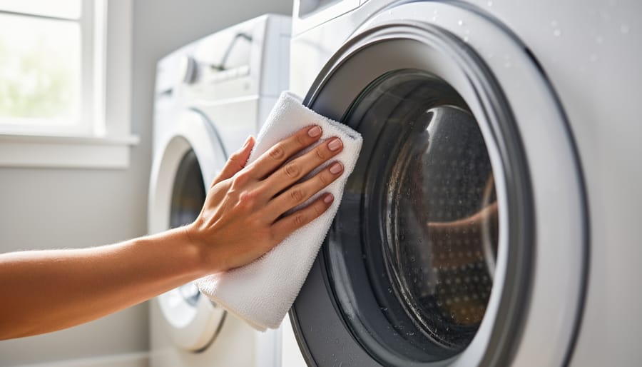 Hand wiping the dishwasher door rubber gasket with a microfiber cloth